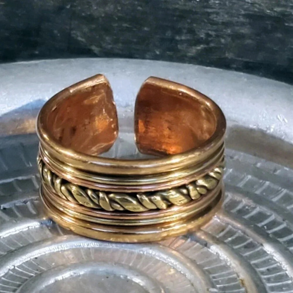 Tribal Style India Solid Brass and Copper Wide Band Adjustable Ring - Picture 1 of 12